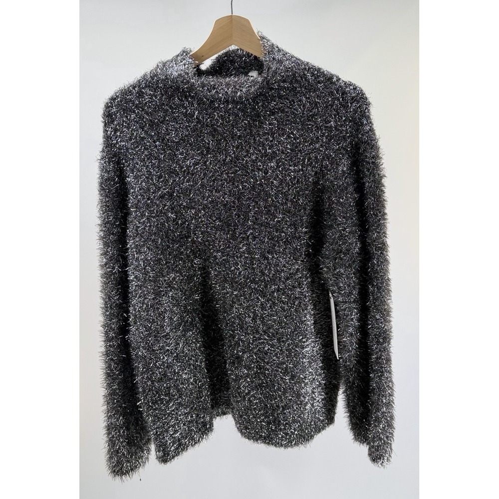 Calvin Klein Women's Metallic Eyelash Mock Neckline Sweater Silver Size Large L